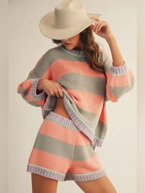 Coral gray ribbed stripe color block top and short resort Lounge comfort set